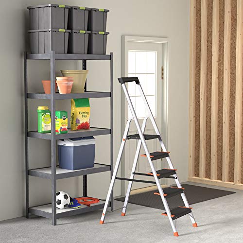AmazonBasics Folding Step Ladder - 5-Step, Aluminum with Wide Pedal, Silver and Black