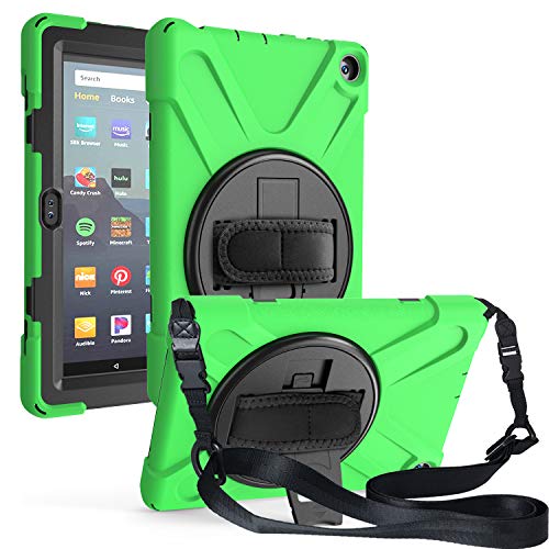 QANG Shockproof Case for Amazon Fire HD 8 2020/Amazon Fire HD 8 Plus 2020, Heavy Duty 360 Degree Rotating Case Cover with Kickstand, Adjustable Hand Strap/Shoulder Strap for Amazon Fire HD 8 2020 (Green)