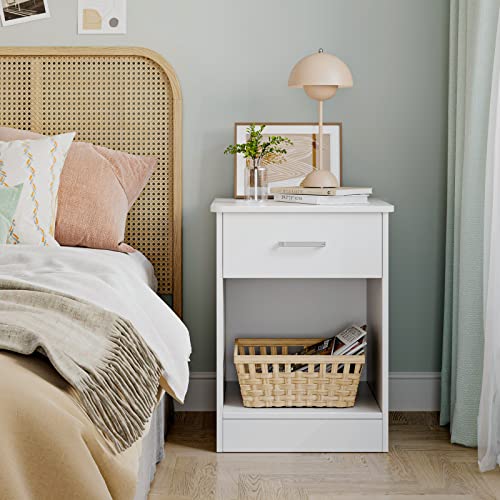 Fotosok Nightstand, 2-Tier Side Table With Drawer And Storage Shelf, Bedside Table End Table, Modern Night Stand For Bedroom, Living Room, Home Office, White #TOP1