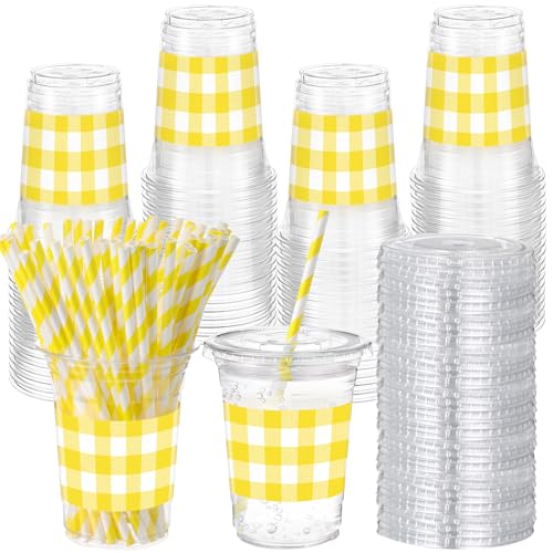 Sliner 50 Sets 16 oz Yellow Gingham Party Plastic Cups Yellow Checkered Plaid Disposable Drinking Cups with Lids and Paper Straws for Christmas Baby Shower Wedding Birthday Party Supplies