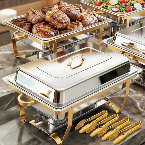 Image of ALSO GO Chafing Dishes for Buffet, Rectangular Chafing Dish Set with 4 Serving Tongs, 9QT 4 Pack Gold Chafing Dishes for Buffet, Party, Gatherings, Banquets, Weddings