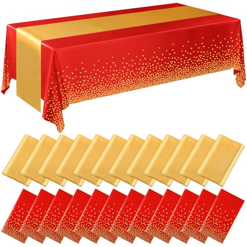 Image of Breling 24 Pack Red and Gold Disposable Plastic Tablecloths and Satin Table Runner Set, 54 x 108 Inch Tablecloth, 12 x 108 Inch Table Runners for Wedding Graduation Birthday Baby Shower New Year