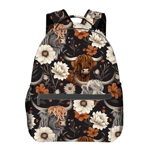 Rustic Highland Cow Backpack, School Travel Laptop Polyester Cows & Floral Backpacks for Women Kids, Work Sports Back Pack Casual Daypack, Lightweight Rucksack Gifts for Hiking Camping Gym