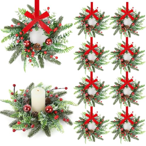 Image of 8 Pcs Christmas Candle Rings Wreaths Artificial Snowy Pine Cedar Red Berry Clusters Candle Rings Wreaths Mini Christmas Balls Wreath for Xmas Winter Front Door Window Decorations