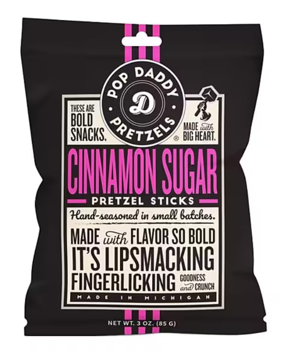 Pop Daddy Pretzels Cinnamon Sugar Pretzel Sticks Net WT 3 OZ (85 g)