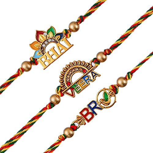 Image of eCraftIndia Set of 3 Multicolor Veera, Bro, Bhai, Brother Theme Fancy Designer Rakhis, Best Bro Ever Fridge Magnet with Roli Chawal Pack - Rakhi for Brother, Bhaiya, Bhai