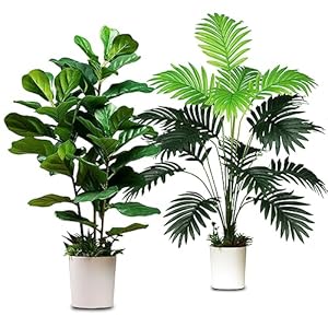 70cm/27.56“ 2pcs Artificial Plants Fiddle Leaves Faux Tropical Palm Tree Fake Ficus Lyrata Tree with Grass in Pot Real Touch Plastic Palm Leaves Home Indoor Outdoor Office Decor (Ficus and Palm)