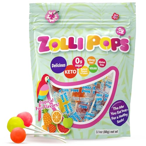 Zollipops Clean Teeth Pops Sugar Free Candy with Xylitol, Dye-Free Lollipops - Keto & Diabetic-Friendly, Dentist-Approved Treats for Kids ( Tropical Fruit 3.1 oz)