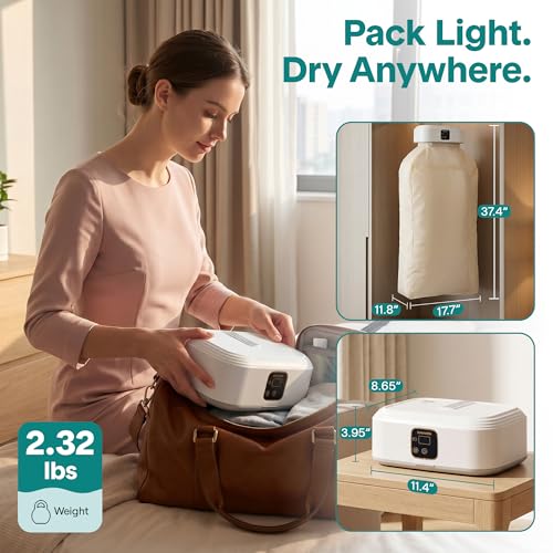 Image of SereneLife Portable Clothes Dryer | Drying Bag for Clothes, Suits & Dresses | Adjustable Temperature & Remote Control 1-8 Hour Timer | Compact Dryer for Home, Apartment, Dorm & Travel | White