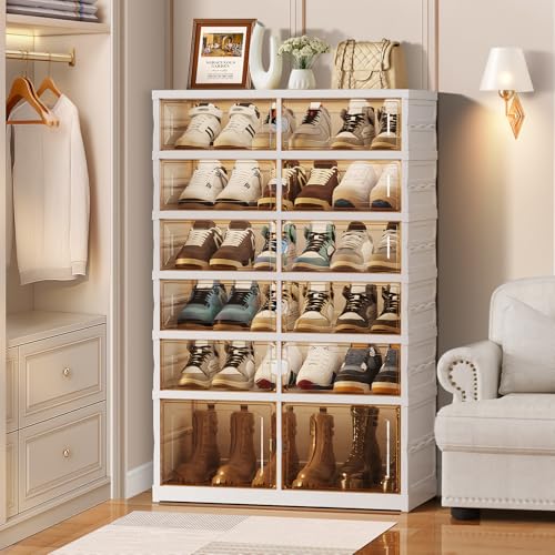 Image of CIMLORD 6-Tier Foldable Shoe Rack Organizer for Closet, 18 Pairs Collapsible Plastic Shoe Shelf, Large Shoes Cabinet with Door, Clear Stackable Storage Box Easy Assembly White