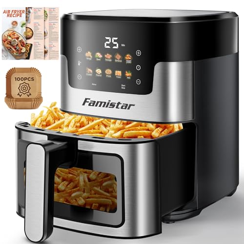 Air Fryer Oven 10 Preset Cookings, Portable Air Fryer with Large 7.5 QT, 10 in 1 Touch Screen, Visible Window, Dishwasher-Safe, 95% Less Fat, Air Fryer W/100Pcs Paper Liners