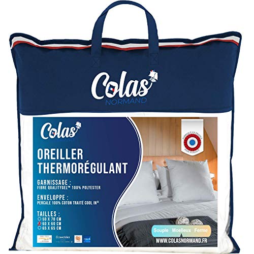 Colas Normand - Oreiller Thermorégulant - Cool in - Moelleux - 60x60cm - Évacuation de la Transpiration - Percale 100% Coton - Sensation fraicheur - Anti-transpiraton - Fabrication française Cover