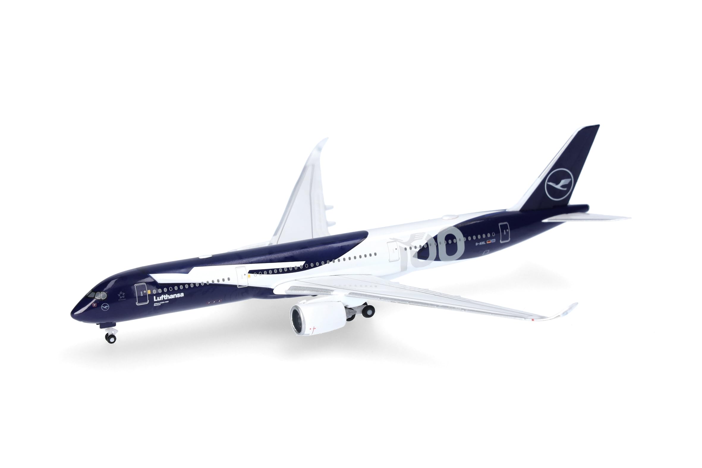 Herpa Miniatura del avión Lufthansa Airbus A350-900 100 años, Escala 1/500, Modelo prefabricado, maqueta de colleción, modelismo, Avion sin Soporte, Figura Metal