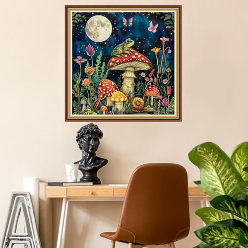 Image of Fanxvivy Stamped Counted Cross Stitch Kits for Adults Printed Cross-Stitch Patterns 11CT Stamped or Counted Cross Stitching Embroidery Kit Needlepoint Kits-Moonlit Frog 18x18 inch