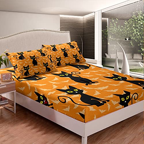 Erosebridal Black Cat Fitted Sheet Halloween Decor Bedding Sets for Kids Boys Teens, Halloween Decorations Bed Sheets Abstract Bat Shadows Pattern Backdrop Halloween Home Decor Queen Size