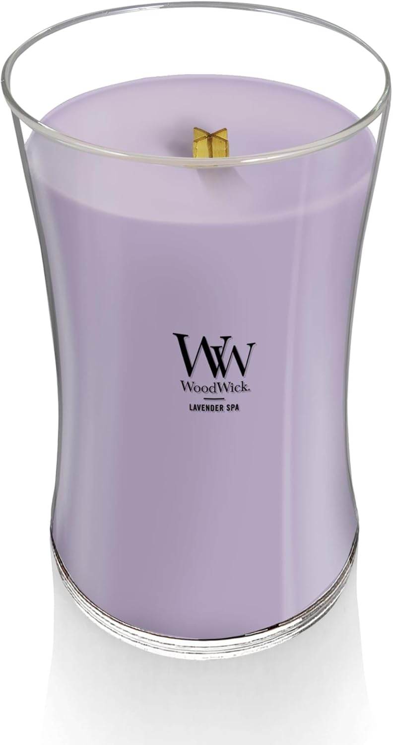 WoodWick Lavender Spa Gifts for Women and Men, 21.5 oz Large Hourglass Candle with Crackling Wick