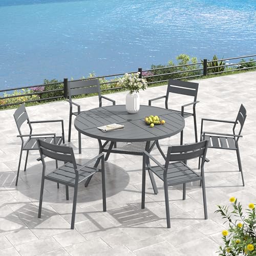 Image of VICLLAX 47.2 inch Round Outdoor Table, Patio Dining Table for 6 with Umbrella Hole for Garden Lawn Deck Backyard, Dark Grey
