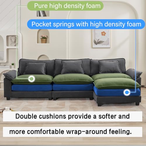Image of Oprisen 120 inch Modular Sectional Sofa, Comfy Cloud Couch Sectional Sofa with Ottoman, Velvet Sofa Sleeper Deep Seat Sofa with Throw Pillows for Living Room (Blue Gray, 120 inch- L Shape)
