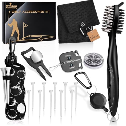 Wynaura 17 Pcs Golf Accessories Kit Includes Cleaner Brush Towel Plastic Tees Golf Ball Bag with Hook Ball Marker Divot Tool Score Counter Essentials Kit for Women Man Gifts(Black)
