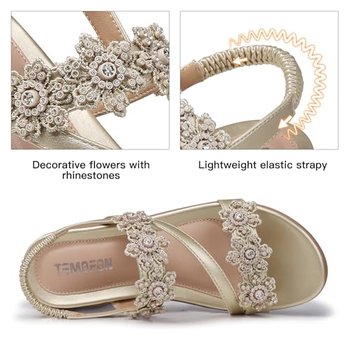 Image of TEMOFON Sandals for Women Flat Dressy Summer Flower Sandals with Ankle Strap Comfortable Casual Walking Flat Sandals Size 5-11