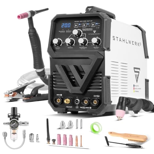 STAHLWERK Poste à souder combiné 3-en-1 AC/DC TIG 200 CUT ST – TIG & MMA (ARC) jusqu'à 200 A, Découpe plasma jusqu’à 45 A et épaisseur de coupe...
