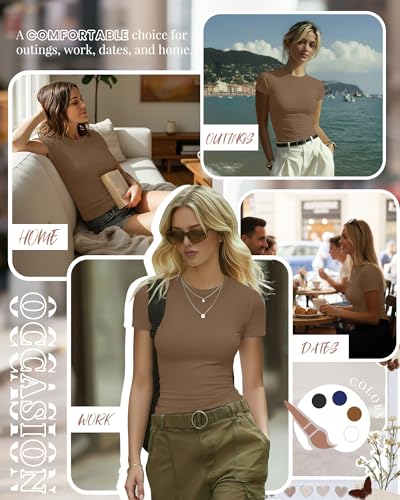 Image of Evervibe Women Built-in Bra Short Sleeve Shirts Crewneck T-Shirt Slim Fit Going Out Tops Casual Summer Basic Tees