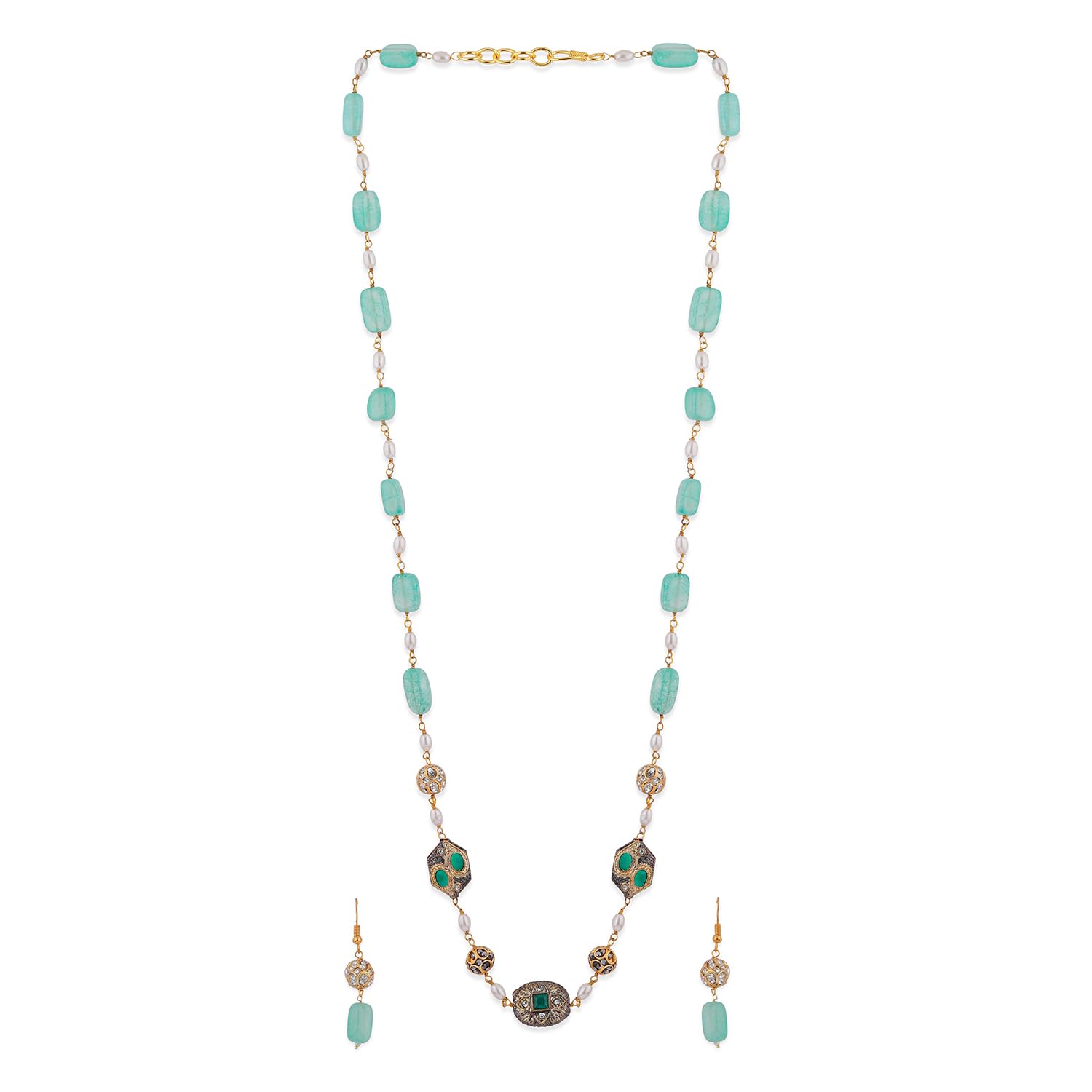 22K Gold-Plated Aqua Green Beaded Antique Pendant Necklace Set with Earrings-image-40