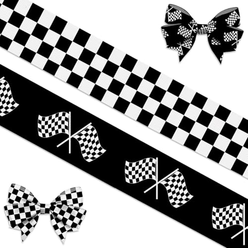 Threetols 2 Rolls 10 Yards Racing Car Ribbons 7/8 Black White Checkered Grosgrain Ribbons Racing Flag Ribbons Wrapping Craft Ribbons for Racing Car Decoration and Theme Party Decorations