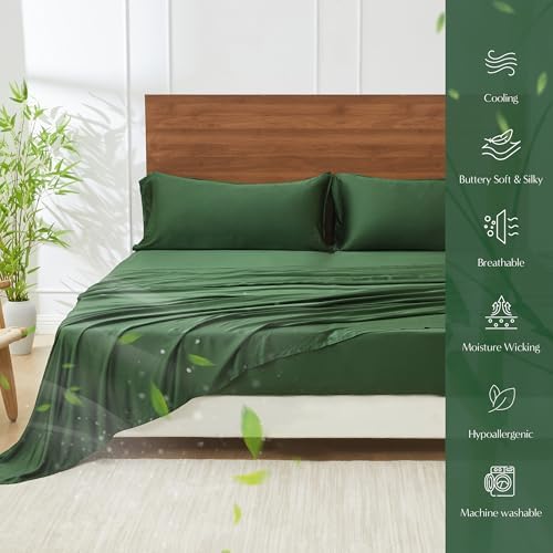 Simple&Opulence 100% Viscose Derived from Bamboo Bed Sheet Set 4 Piece, Breathable Cooling Bedding Set with 15" Deep Pockets, Luxury Ultra Soft for Hot Sleepers (Dark Green,King) - Thumbnail 5