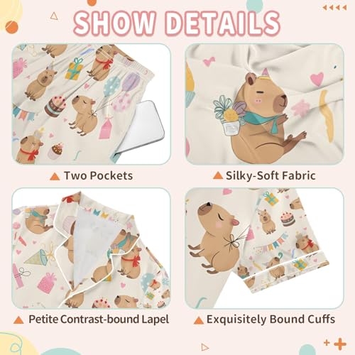 senya Birthday Cute Capybara Balloon Satin Summer Pajama Sets Silk Short Sleeve Button Down Sleepwear3