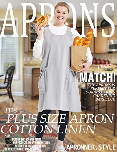 Apronner Cross Back Plus Size Linen Aprons For Women With Pockets Blend Dress For Baking Cooking Gardening Works Grey #TOP1