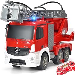Benz Licensed Remote Control Fire Truck, RC Fire Truck Toy, Rechargeable Construction Truck Toys with Alarm Lights, Hose, Working Water Pump and Rotating Rescue Ladder Fire Truck Toys Gift for Kids