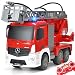 DOUBLE E Mercedes-Benz Licensed Remote Control Fire Truck10 Channel RC Fire Engine with Water Pump Sounds Lights Extendable Ladder Rechargeable Battery 2.4GHz Radio Control