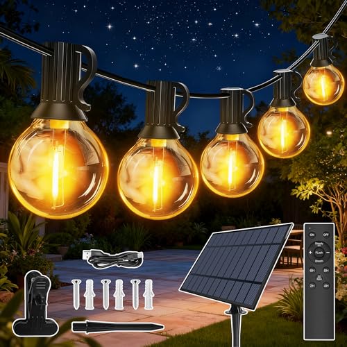 Hopexy Solarleuchten für den Außenbereich, wasserdichte Soffittenleuchten mit 13 bruchsicheren G40-Glühbirnen, 3 Modi, dimmbar, USB & solarbetriebene Lichterkette für den Außenbereich, Terrasse, Hof