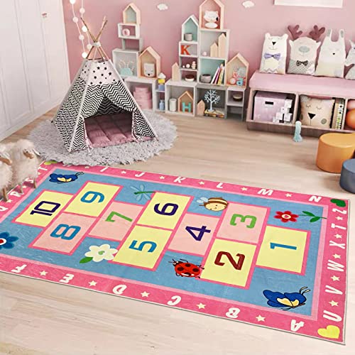 Ustide Hopscotch Rug For Kids 4X6 Soft Kids Play Mat, Extra Large Hopscotch Kids Rug, Number Educational & Fun Kids Area Rug,Pink Carpet Floor Mat For Children Nursery Bedroom Living Room #TOP2