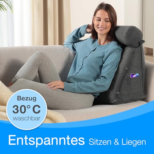 ELONEO Rückenkissen Bett/Sofa mit Abnehmbarer Nackenrolle und Seitentasche, Rückenstützkissen mit Nackenkissen, Bezug waschbar, Lesekissen, Bücherkissen, Rückenlehne