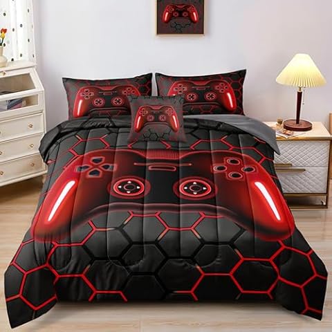 BDUCOK 6 Pieces Boys Bedding Set Gamer Bed in A Bag Set Full Size Comforter with Fitted Sheet Flat Sheet Pillowcase Cushion Cover,Multi 3043 Full Size 6PCS Cover