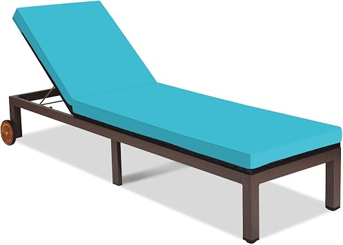 Tangkula Patio Chaise Lounge Chair, Outdoor Rattan Lounger Recliner Chair with Wheels, Wicker Chaise Chair W/Cushioned Seating, Recliner 5-Position Adjustable for Garden Patio Poolside 1, Turquoise