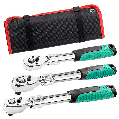 Swpeet 3Pcs Green Extendable Ratchet Wrench Set, 1/4" 3/8" 1/2" Drive 72 Tooth Quick-release, Retractable Socket Wrench Reversible, Ratchet Wrenches Set, Extendable Socket Wrench with Soft Grip Handle by Swpeet - Used condition - CA$45.59