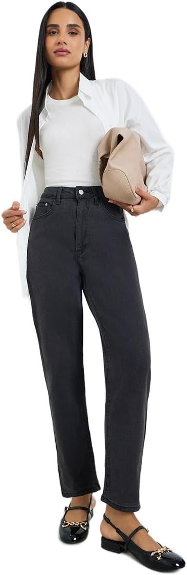 Styli Women Charcoal High Rise Mom Fit Jeans,Charcoal,XL