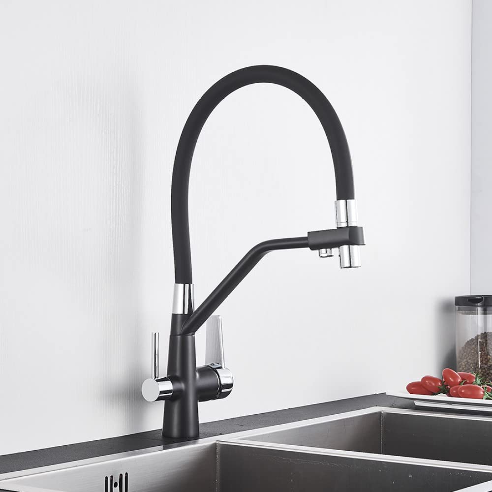 Grifo de agua caliente y fría Grifo del fregadero de la cocina Grifo Mezclador de filtro de agua pura Grúa Manijas dobles Purificación Cocina, Negro y cromo, Talla única