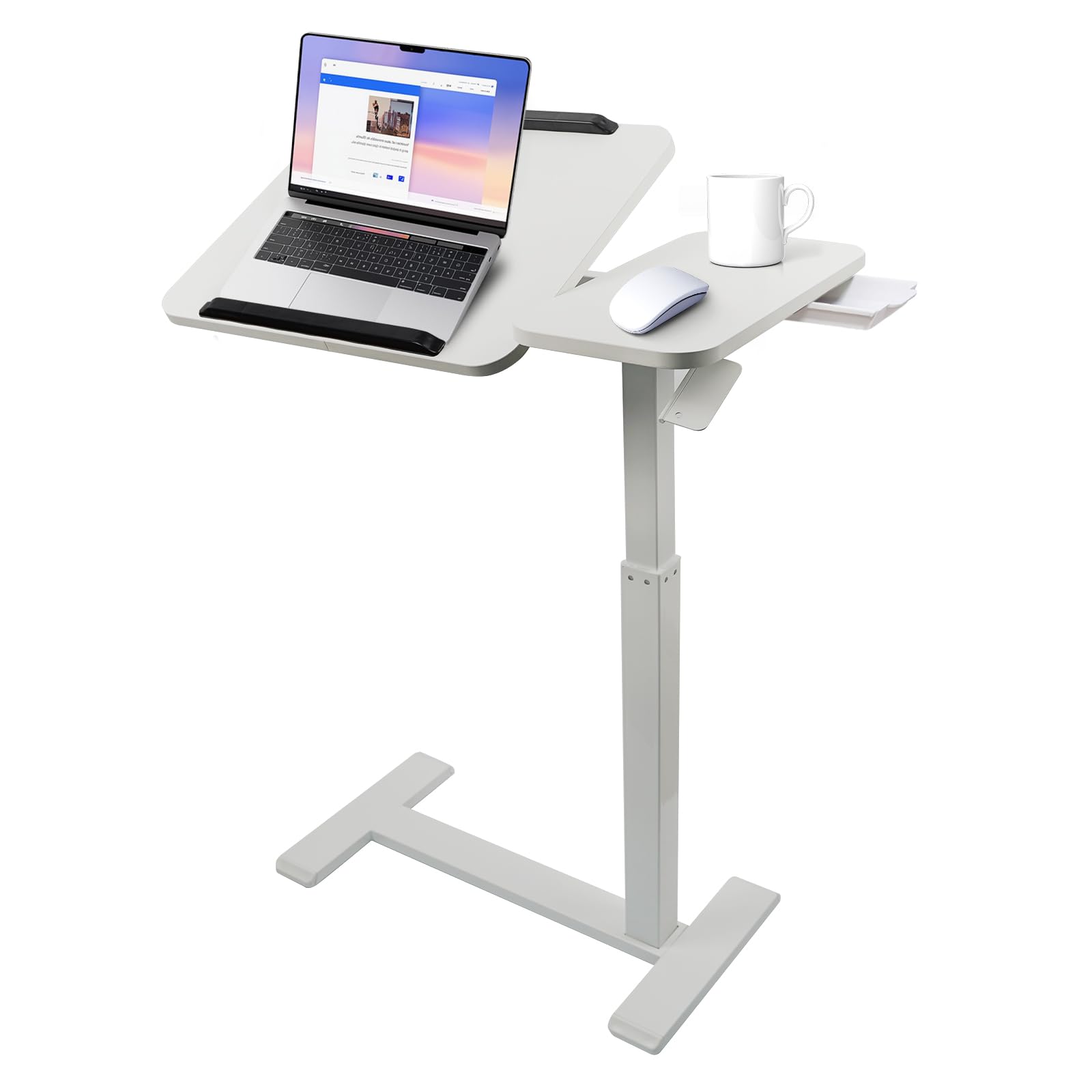 Adjustable Pneumatic Overbed Bedside Table with 360° Hidden Casters, Mobile Laptop Computer Standing Desk with Tilting Tabletop & Split Design,