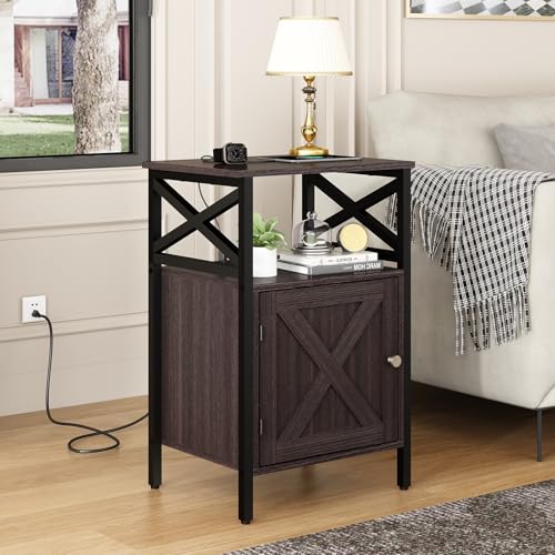 End Table with Charging Station, Side Table with Power Outlet & USB Ports, Nightstand with 2 Tiers Storage Space and Storage Cabinet, Sofa Side Tables for Bedroom, Living Room,Office, Cherry Red - Image 7