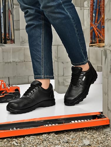 Image of Men's Black Industrial Safety Shoes, Size 10, Steel Toe, Oil Resistant Sole, Genuine Leather, Breathable, Comfortable, Lightweight