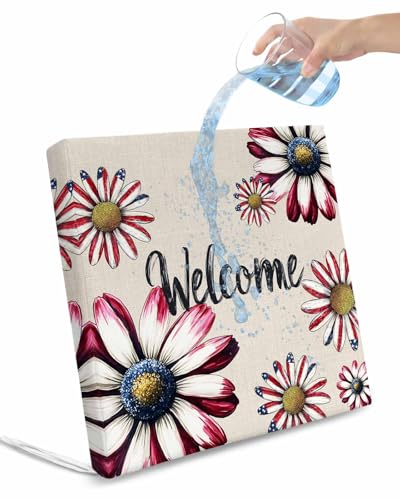 Hokiten 4th of July Outdoor Cushion Chair Cover Set of 4 - Waterproof Couch Seat Covers, Red Spring Floral Daisy Independence Day Patio Furniture Protector Cushions Slipcovers for Sofa/RV, 22