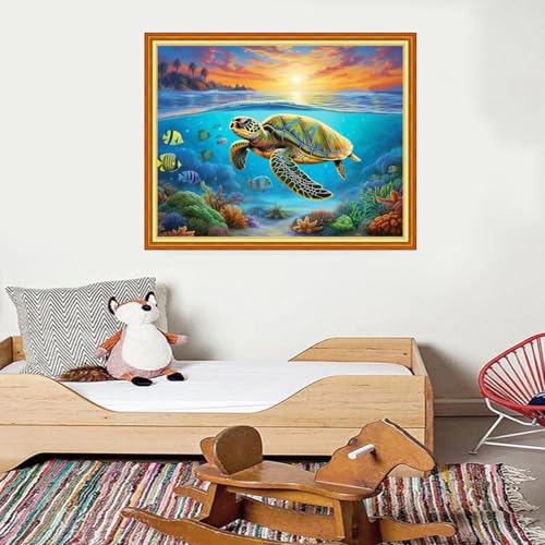 Image of Foxdiviy Stamped Cross Stitch Kits for Beginners Full Range of Cross Stitching 11 CT Printed Cross Stitch Kits for Adults Cross Stitch Patterns Needlepoint Kits-Ocean Turtle 16x20 inch