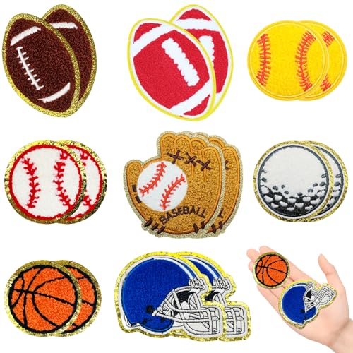 Jongdari 16pcs Sports Chenille Patches Iron On Patches Bulk for Hats Backpacks Clothes, Baseball Football Softball Basketball Soccer Patch for Heat Press with Gold Edges