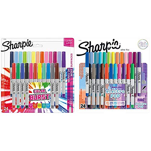 Sharpie 1949558 Color Burst Permanent Markers, Ultra Fine Point, Assorted Colors, 24-Count & Electro Pop Permanent Markers, Ultra Fine Point Markers, Assorted Colors, 24 Count
