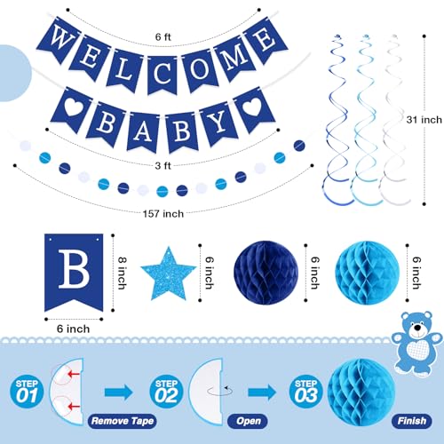 Image of WinnerWhy 25 Pcs Baby Shower Decorations for Boy, Blue Welcome Baby Banner with Glitter Stars, Hanging Swirls, Honeycomb Balls, Circle Dots Garland Boy Blue Decorations for Gender Reveal Party Decor