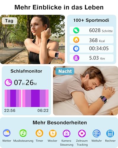 KALINCO Smartwatch Herren Damen, Blutdruckuhr mit Bluetooth-Telefonie, AI Fitness Tracker mit Herzfrequenz SpO2 Stress, 100+ Sportmodi Fitnessuhr,Weltuhr, Schlafanalyse, Geschenkideen für iOS Android